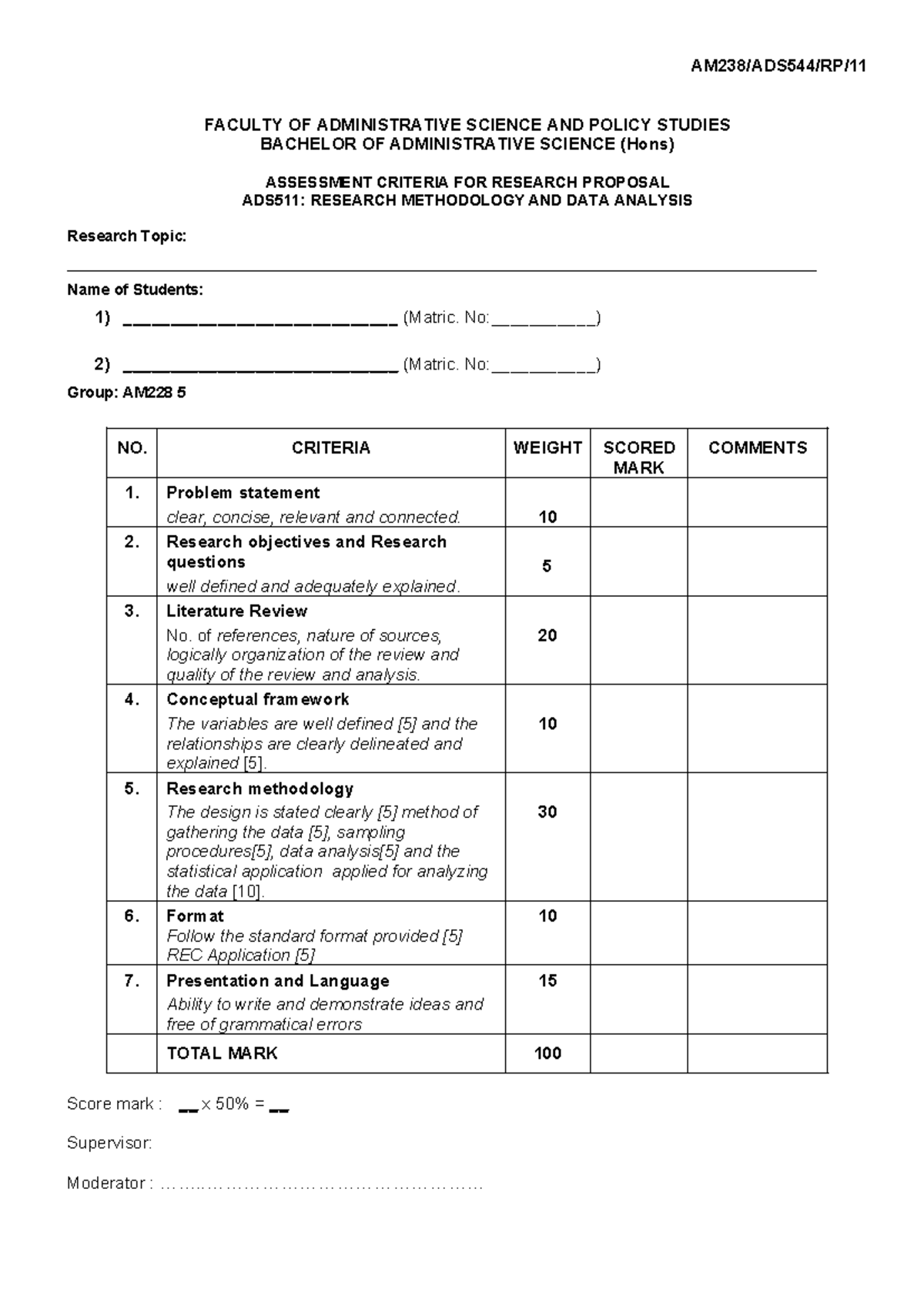 ADS544 - Research Proposal Assessment Criteria Overview - CLO 1 - Studocu