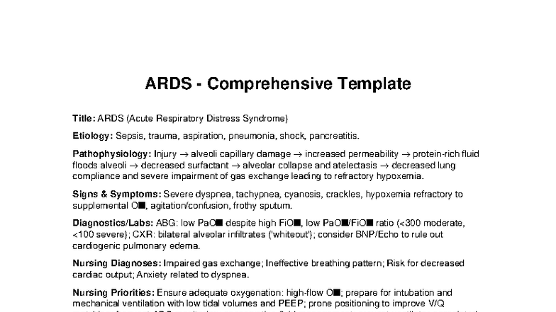 Ards Acute Respiratory Distress Syndrome Nursing Summary Studeersnel