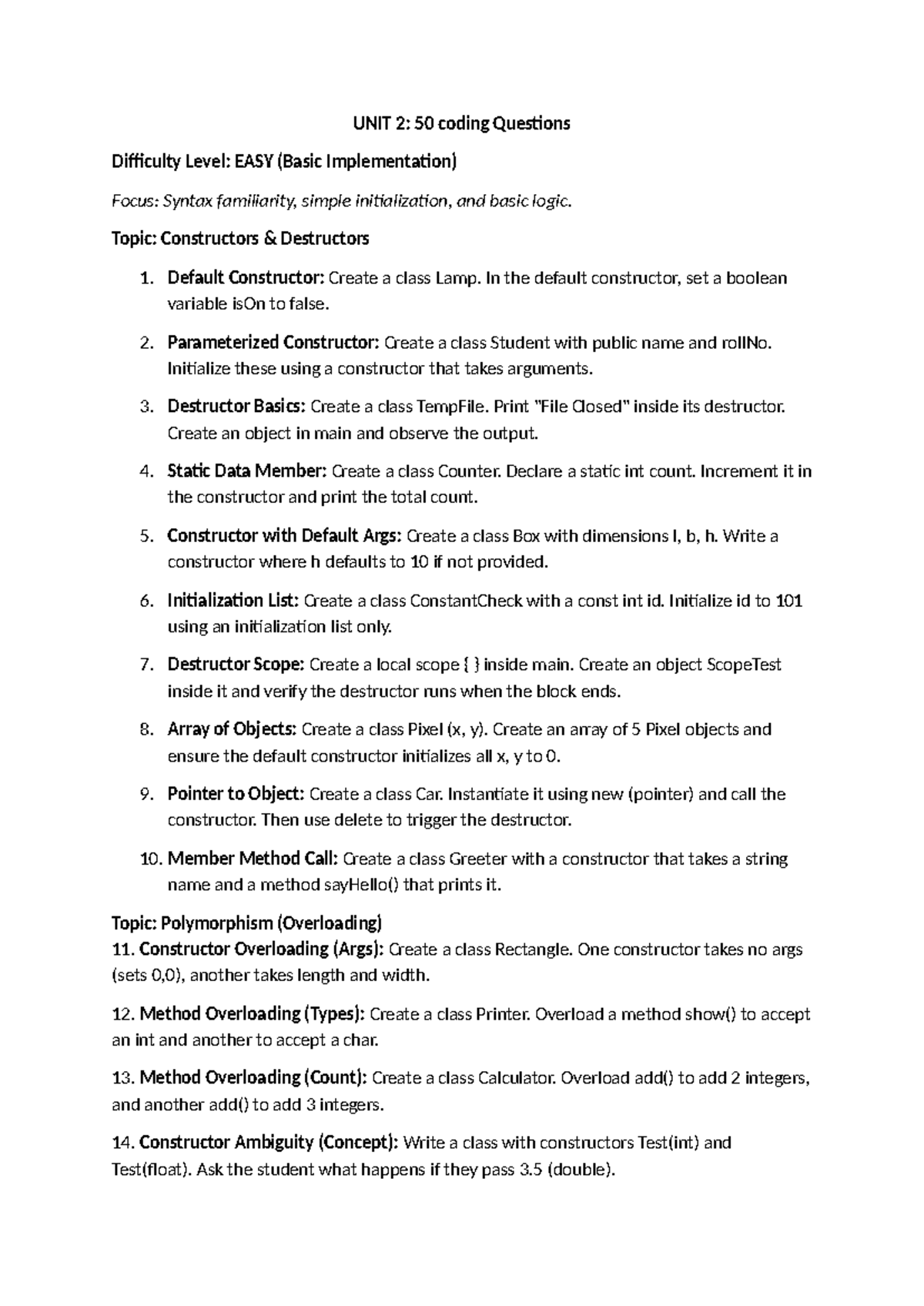 50 Coding Questions on Constructors & Destructors - UNIT 2 - Studocu