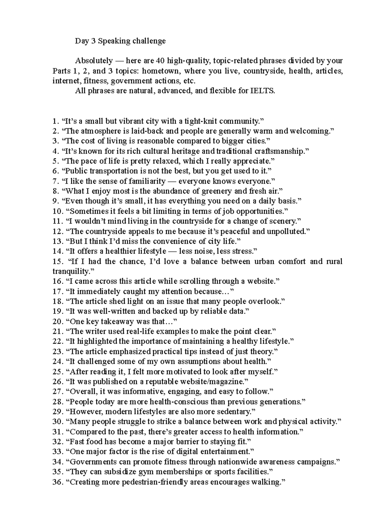 IELTS Speaking Challenge Day 3: 40 Advanced Phrases for Topics - Studocu