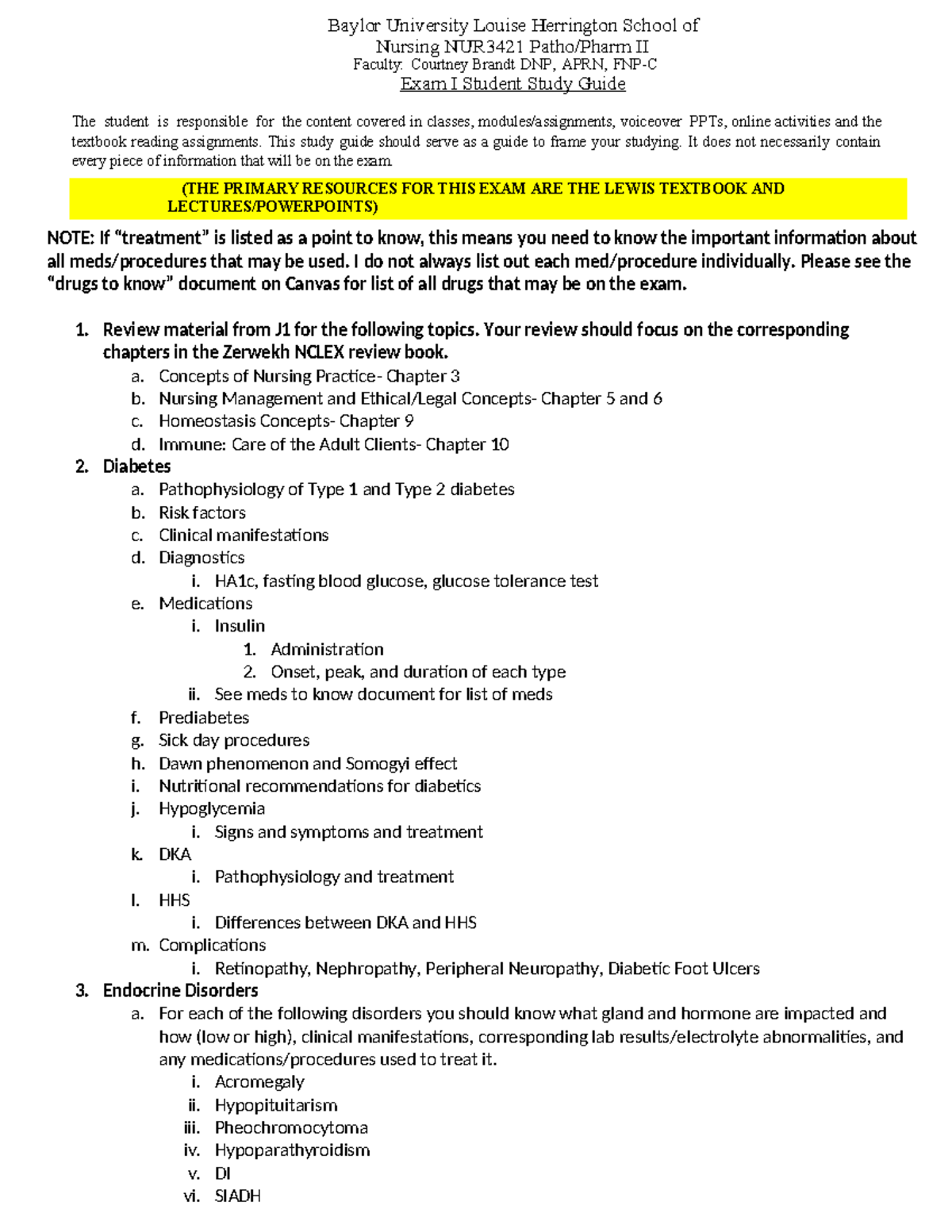 Exam I Study Guide - NUR3421 Patho/Pharm II Key Topics and Concepts ...