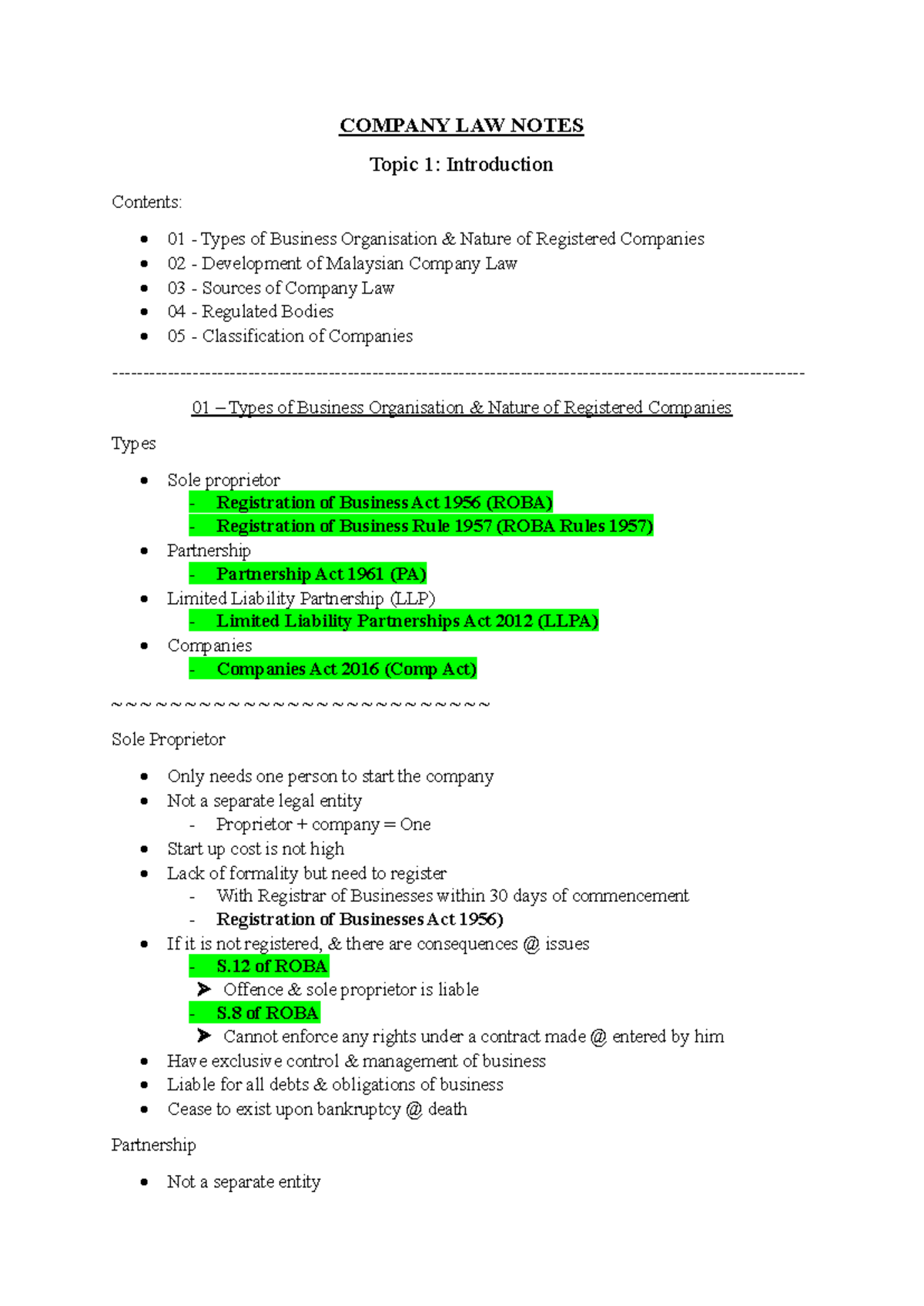 COMPANY LAW Chapter 1-2 Study Notes (Introduction & Sources) - Studocu