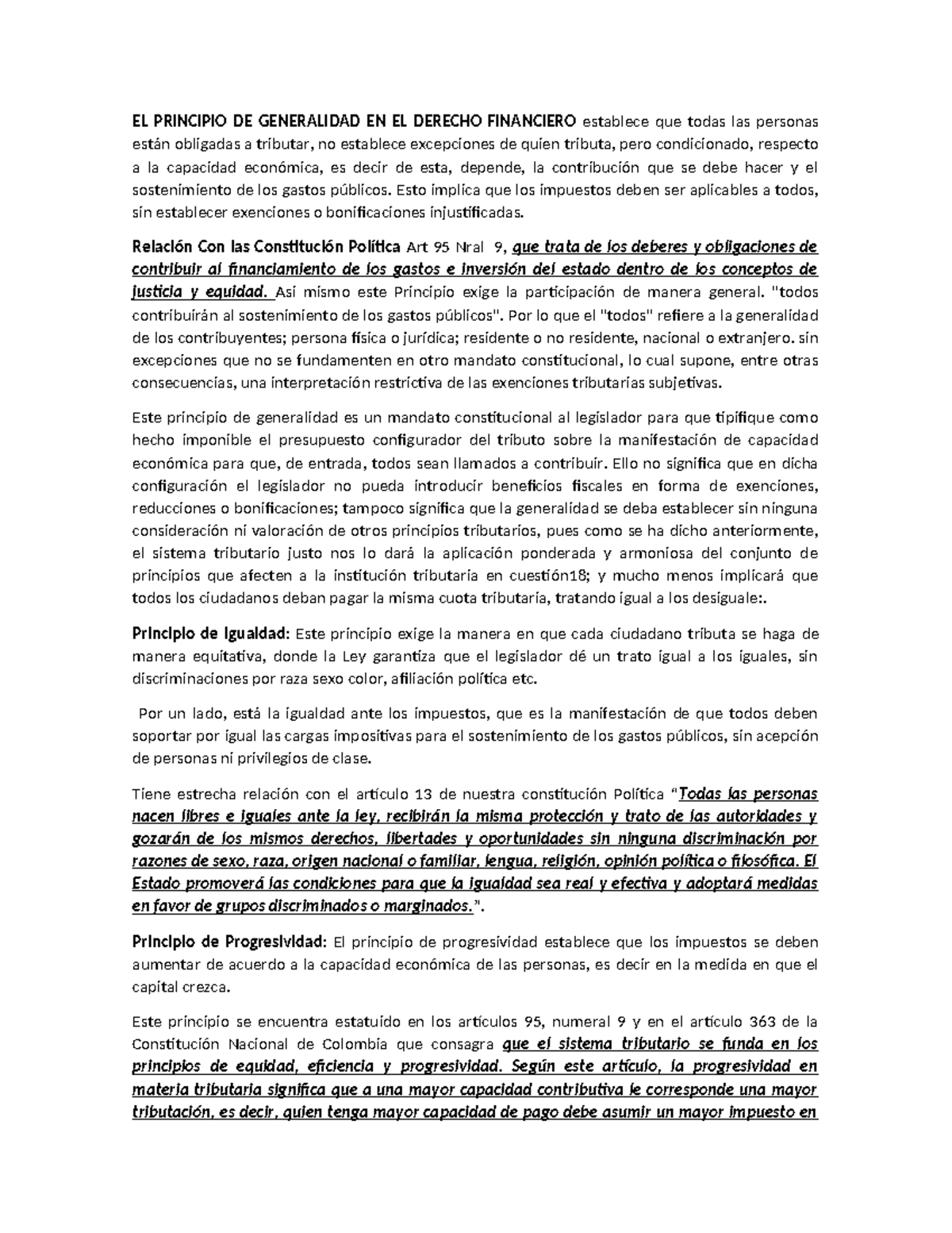Principios DEL Derecho Financiero - EL PRINCIPIO DE GENERALIDAD EN EL ...