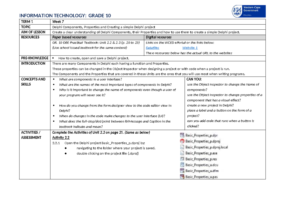IT GR. 10 T1 W7 - Delphi Components & Project Creation Lesson Plan ...