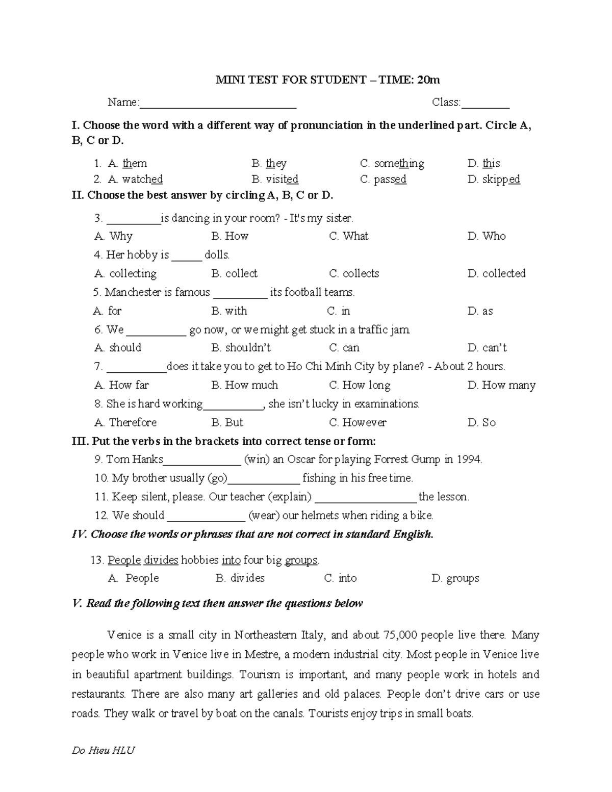 MINI TEST FOR Student - MINI TEST - MINI TEST FOR STUDENT – TIME: 20m ...