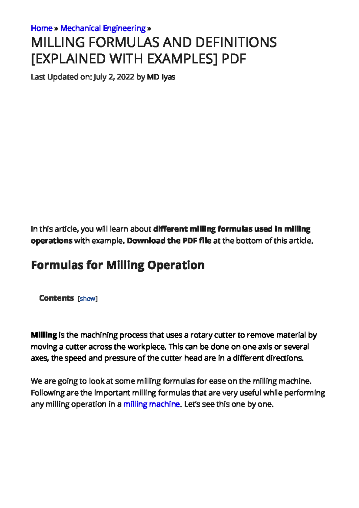 Milling Formulas Definitions For Mechanical Engineering Pdf Studocu