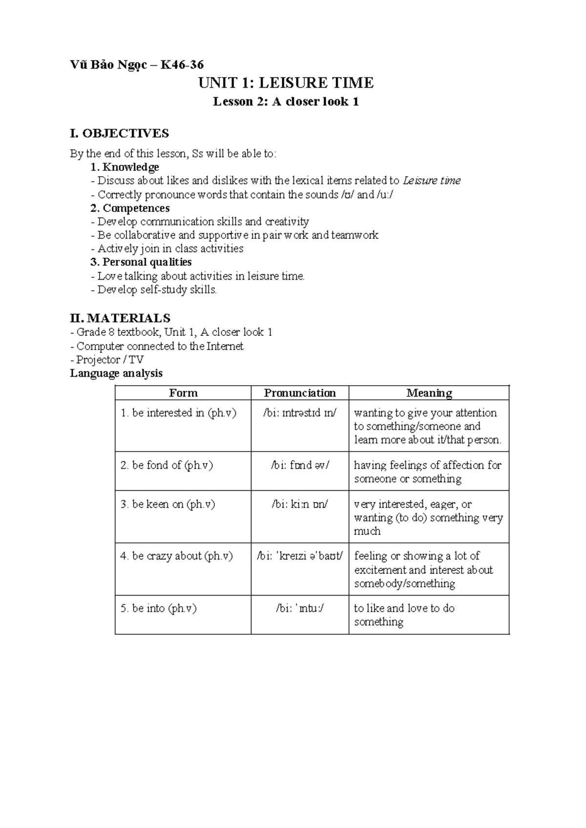 K46 - Unit 1: A Closer Look 1 - Lesson Plan & Objectives - Studocu
