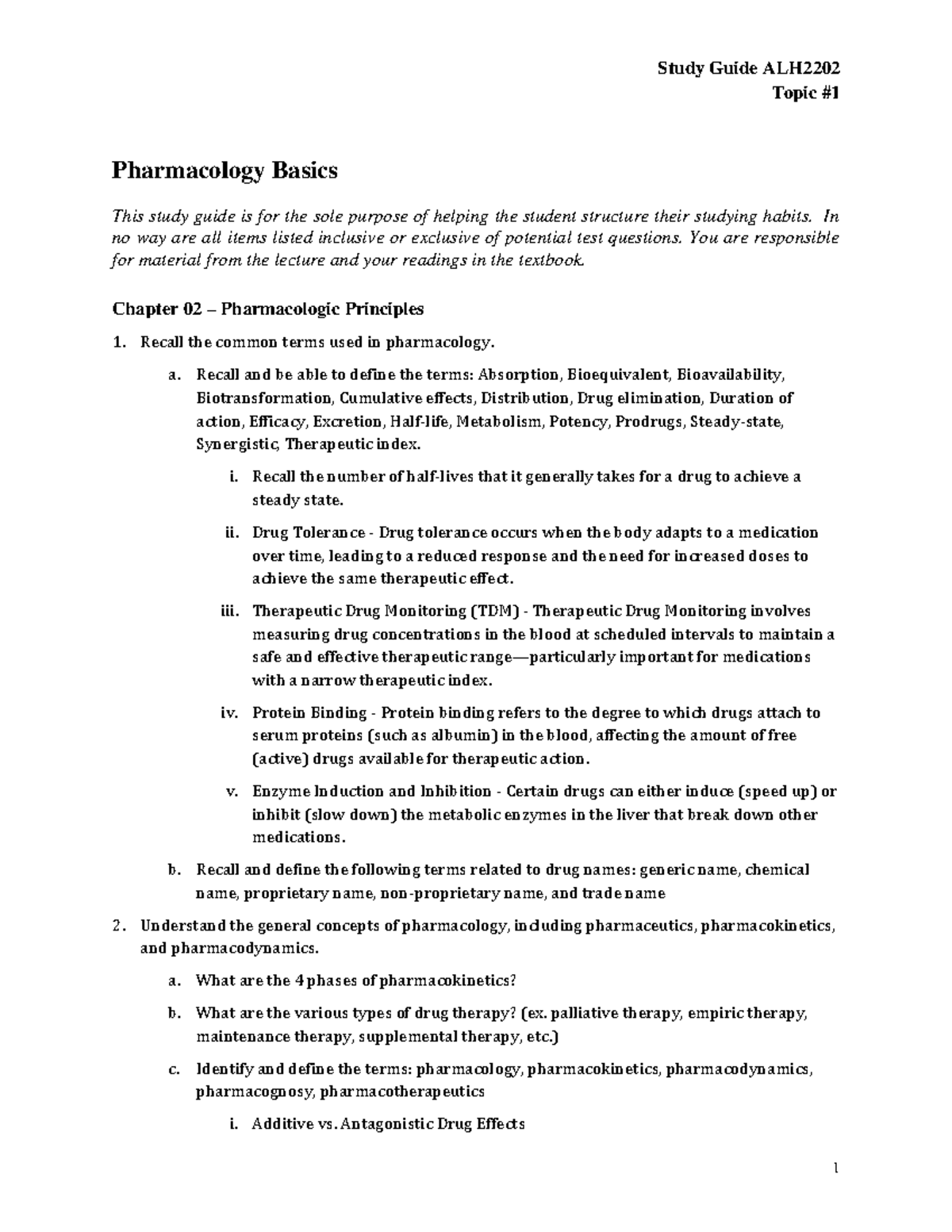 Study Guide ALH2202: Pharmacologic Principles & Drug Therapy Insights ...