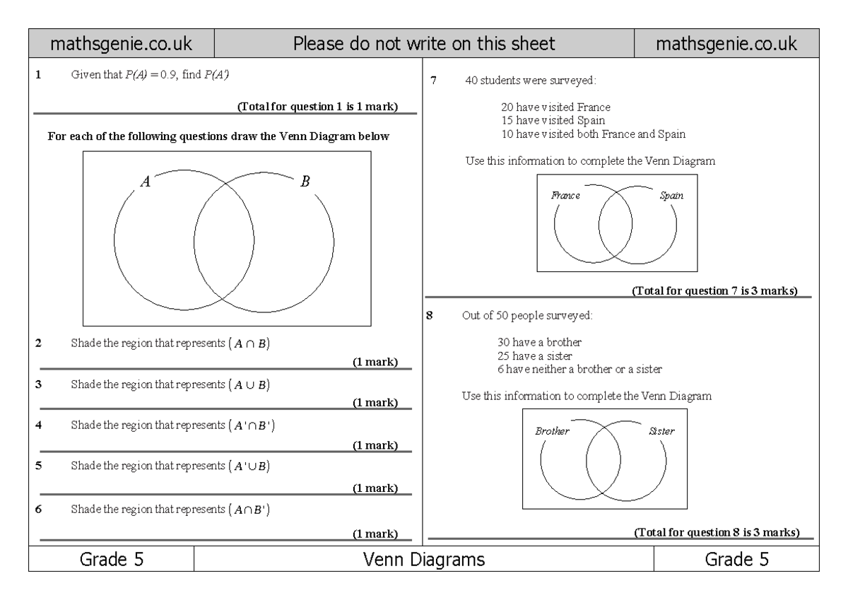 Grade 5 Venn Diagrams Worksheet (Coverage of Probability Concepts ...