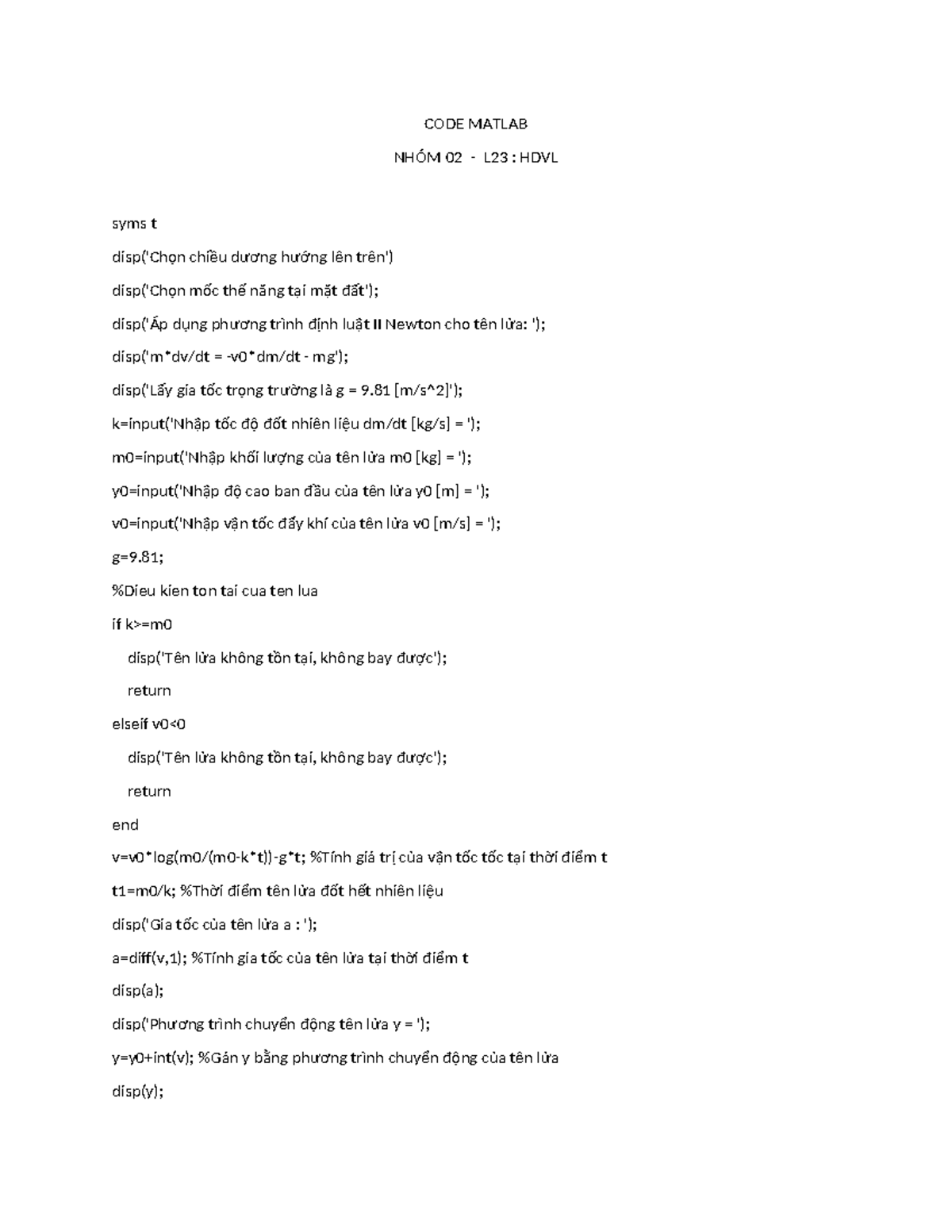 MATLAB Code for Rocket Motion Analysis - btl vl1 - Studocu