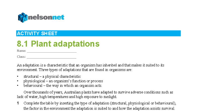 ACTIVITY SHEET 8.1: Plant Adaptations and Survival Strategies - Studocu