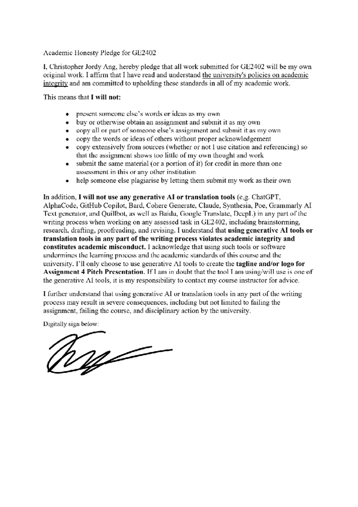GE2402 Academic Honesty Pledge and Integrity Commitment - Studocu