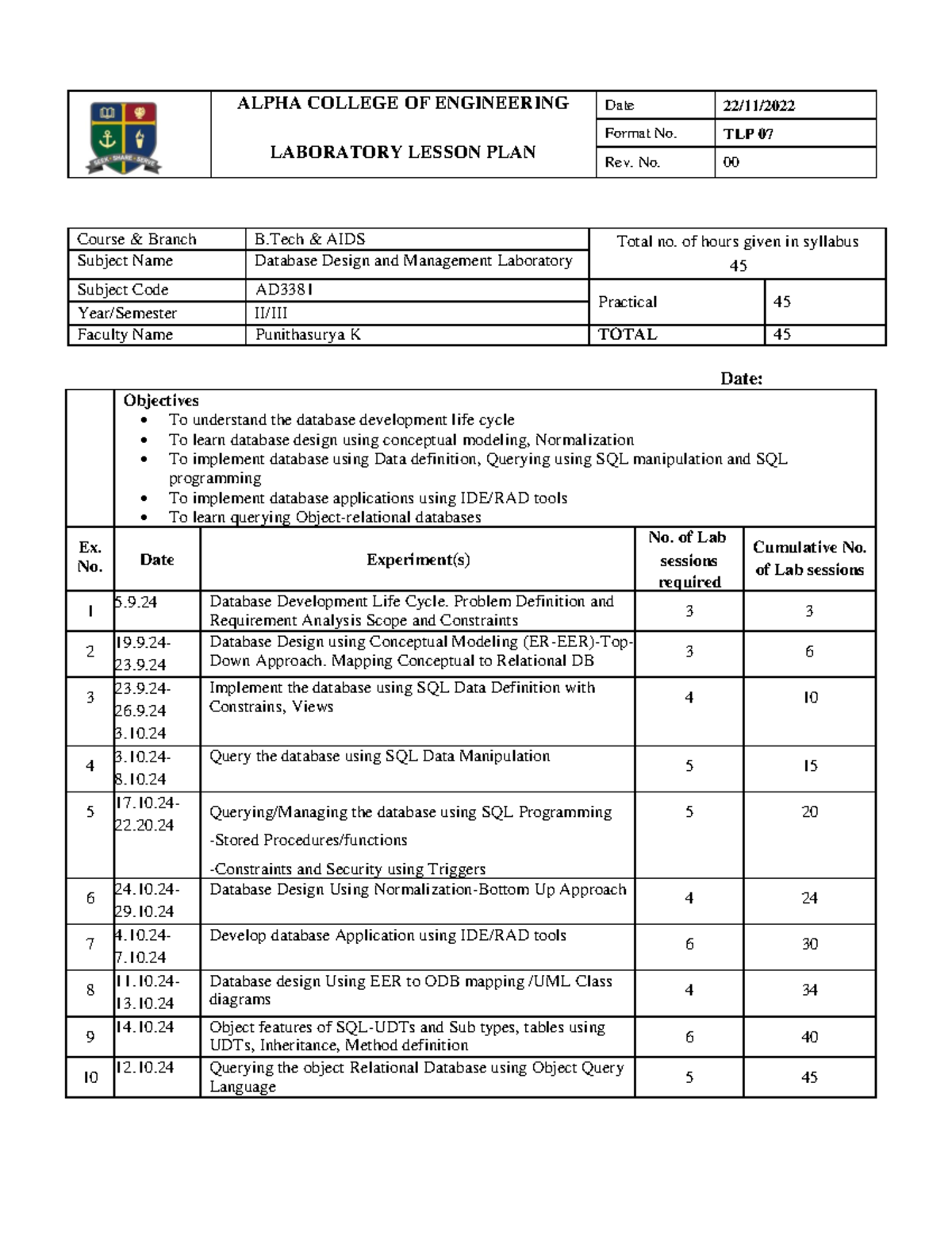 DBDM Lab Lesson Plan - lab - ALPHA COLLEGE OF ENGINEERING LABORATORY ...