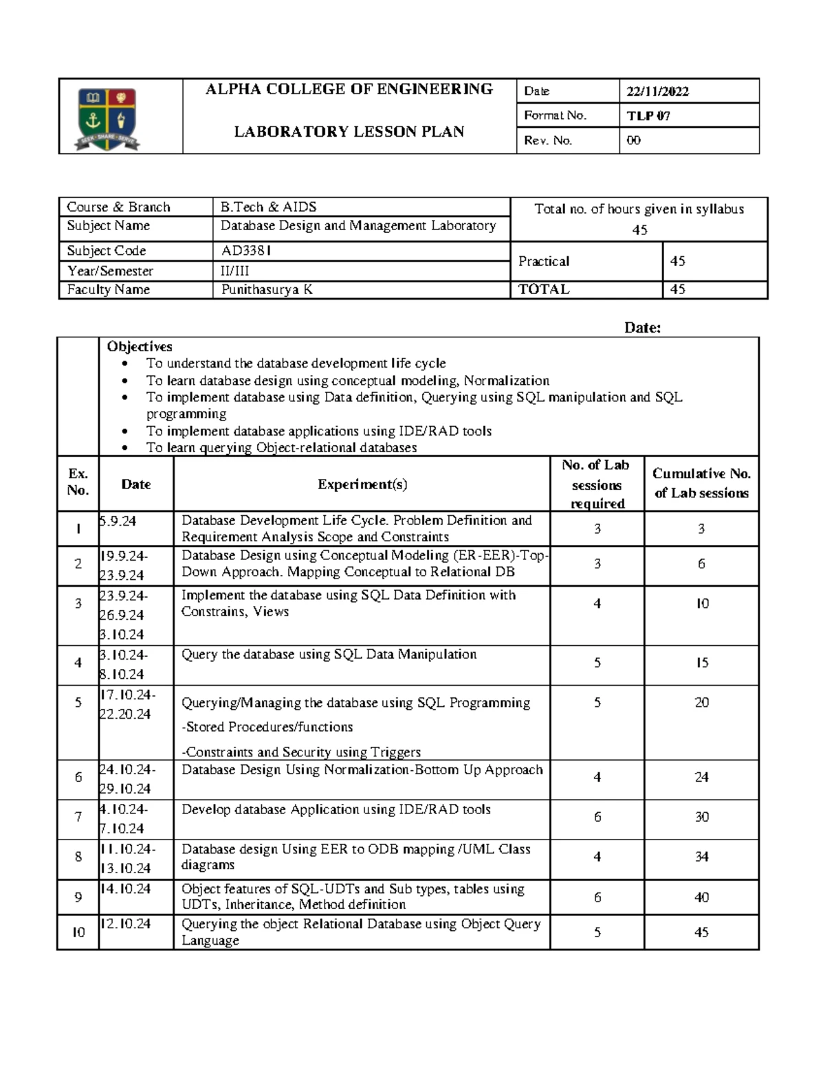 DSA Lab Lesson Plan - lab - ALPHA COLLEGE OF ENGINEERING LABORATORY ...