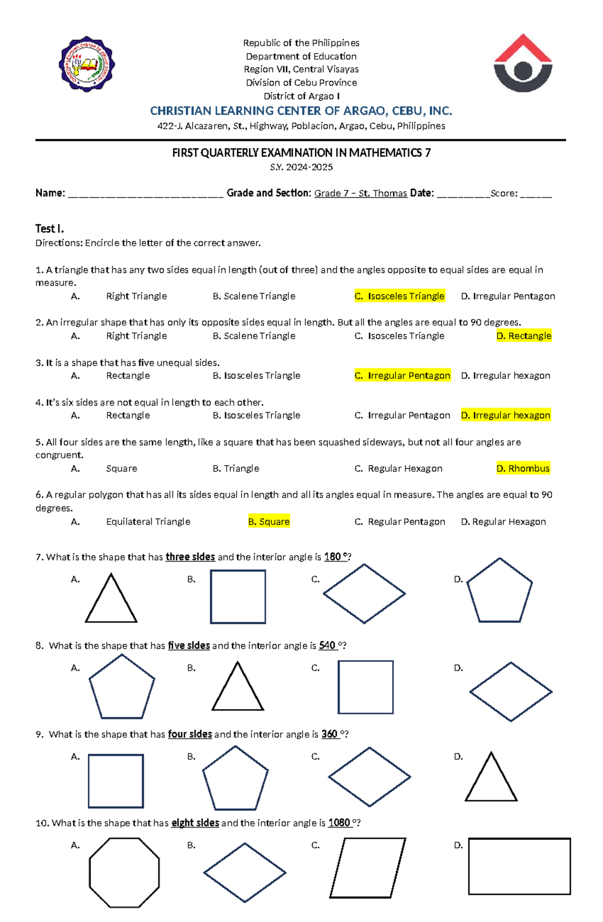 Quarterly exam in Mathematics 7 - Republic of the Philippines ...