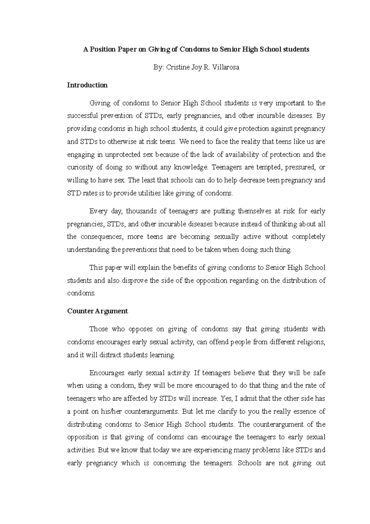Position Paper 2 - The Case for Condom Distribution in SHS - Studocu