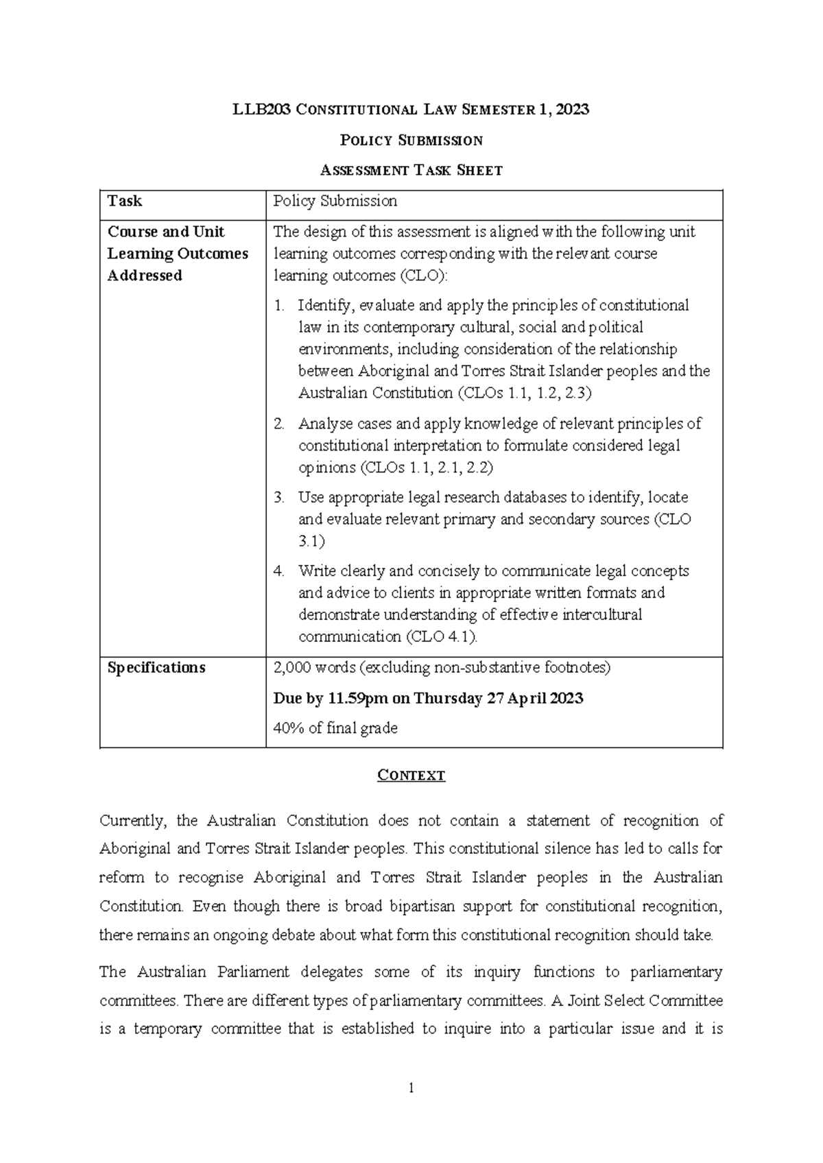 LLB203 Constitutional Law Policy Submission Task - April 2023 - Studocu
