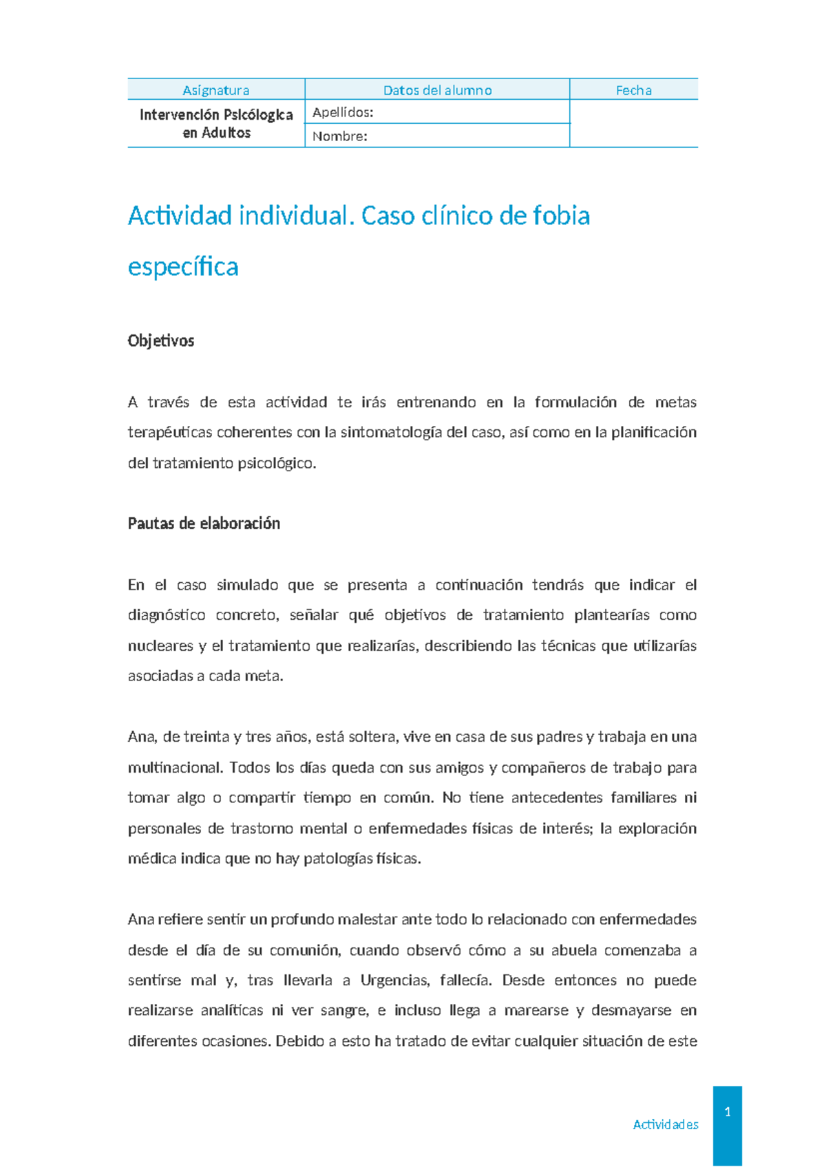 Psisa 05 - Actividad Individual sobre Fobia Específica en Adultos - Studocu