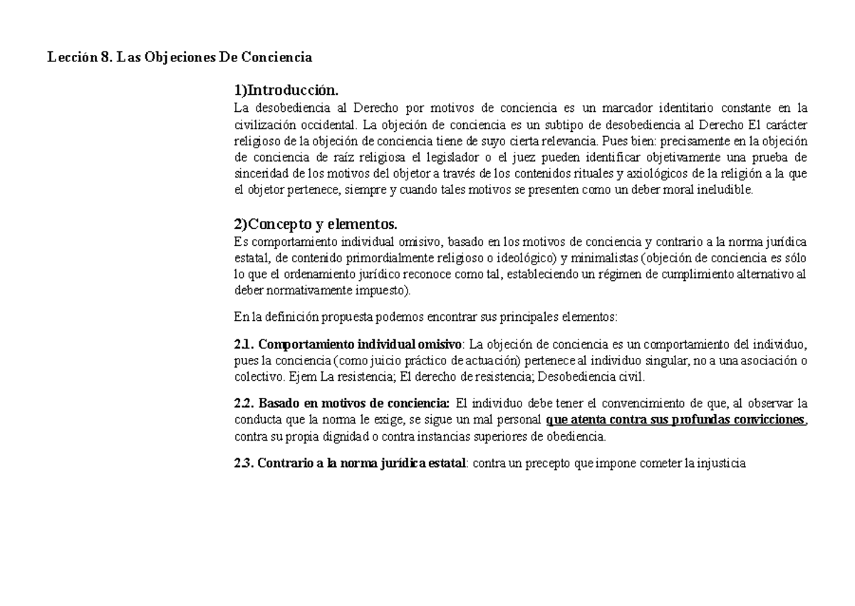 Lección 8: Objeción de Conciencia y su Tratamiento Jurídico - Studocu