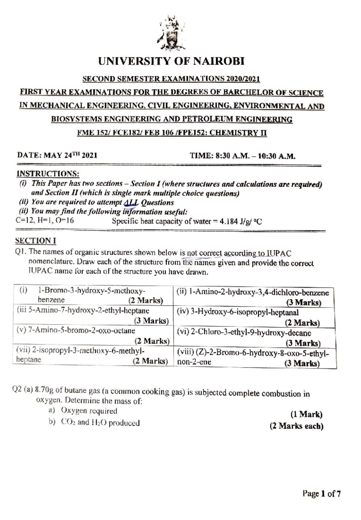 FME 2021 Chemistry II Final Exam - BSc Engineering Programs - Studocu