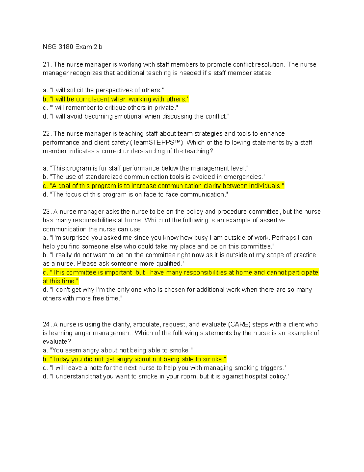 NSG 3180 Exam 2 Practice Questions on Conflict Resolution and ...