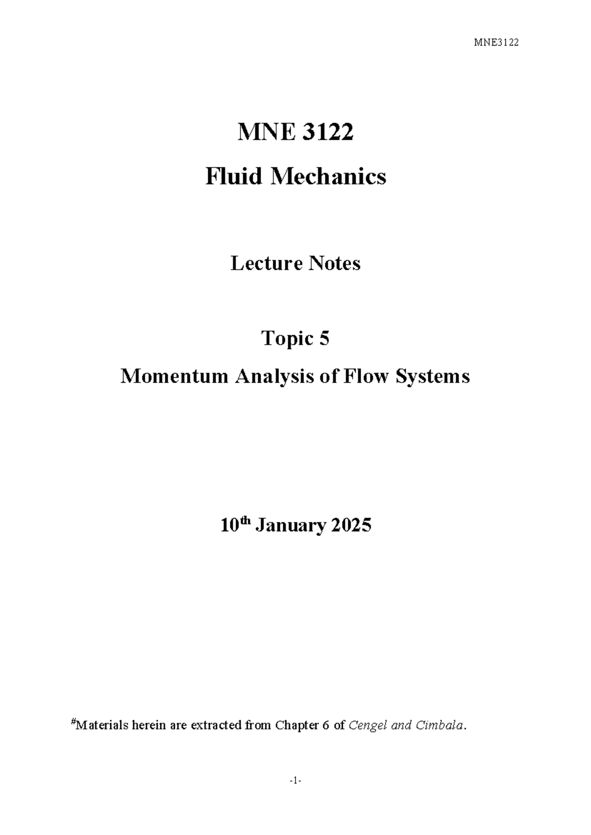 MNE 3122 Fluid Mechanics Lecture Notes: Topic 5 Momentum Analysis - Studocu
