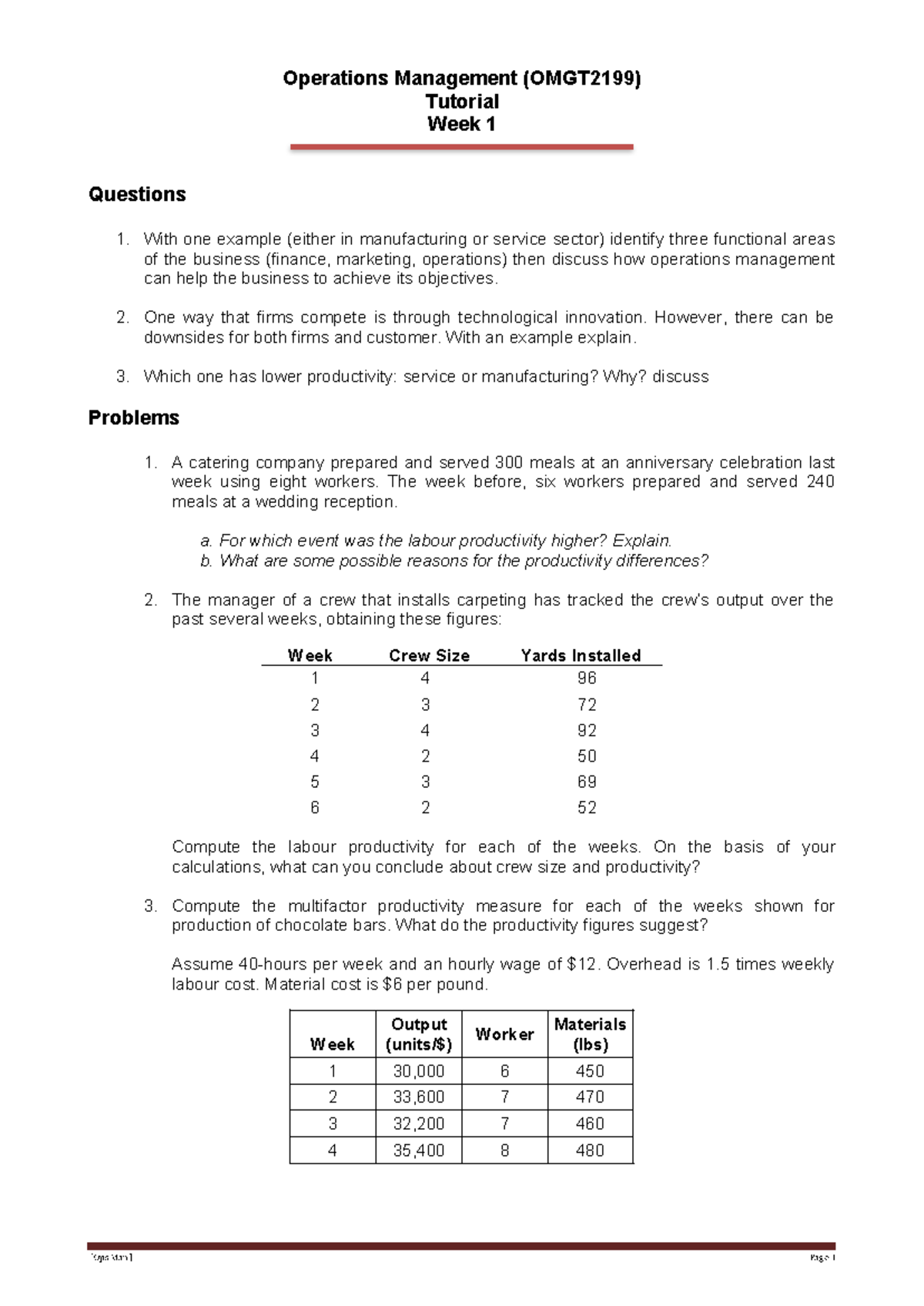 Operations Management W1 - Operations Management (OMGT2199) Tutorial ...