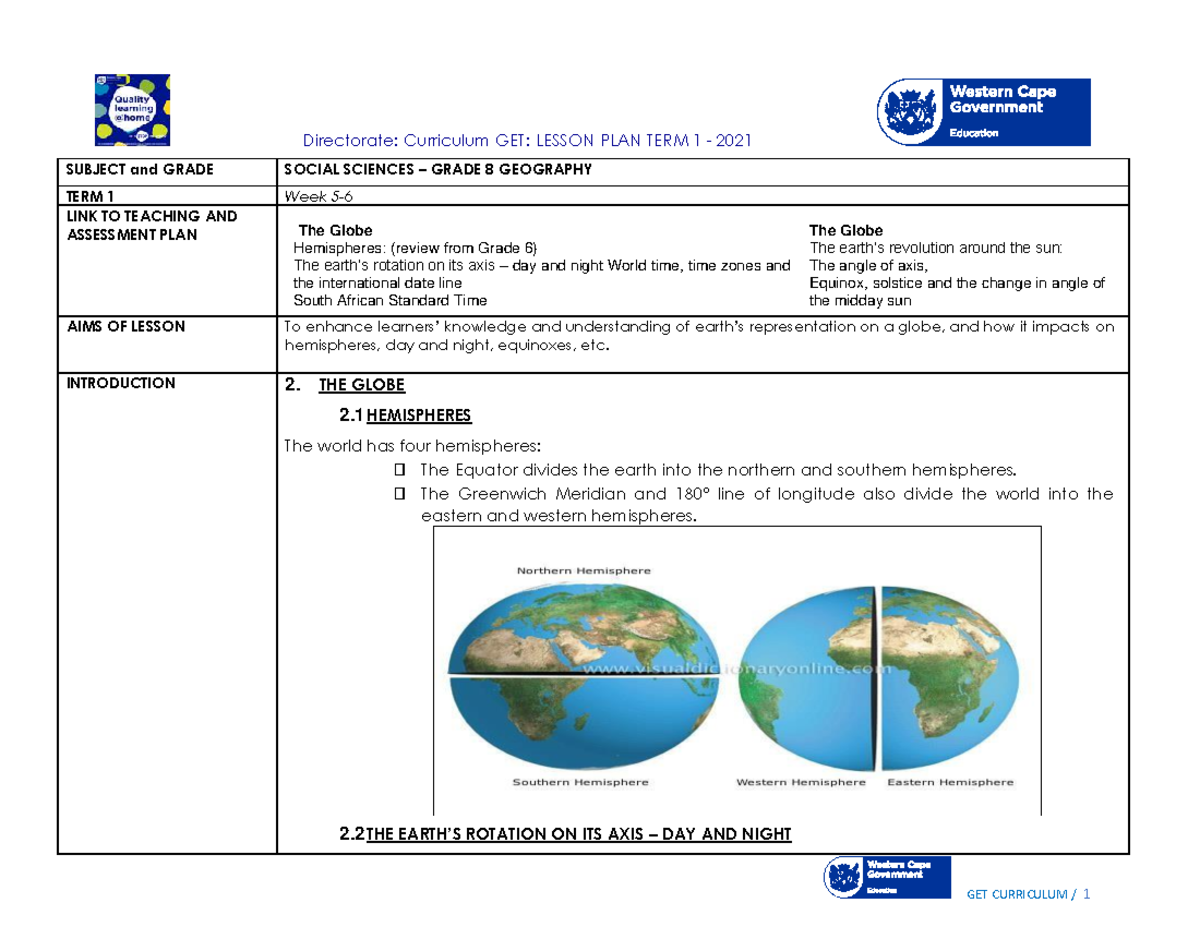 GET: GRADE 8 SOCIAL SCIENCES TERM 1 LESSON PLAN ON THE GLOBE - Studocu