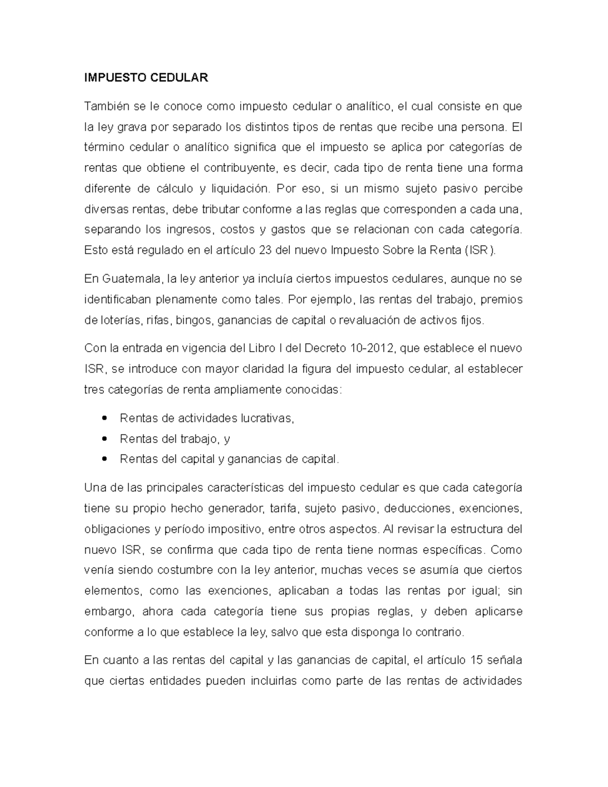 Impuesto Cedular: Análisis de Categorías y Normativas del ISR - Studocu
