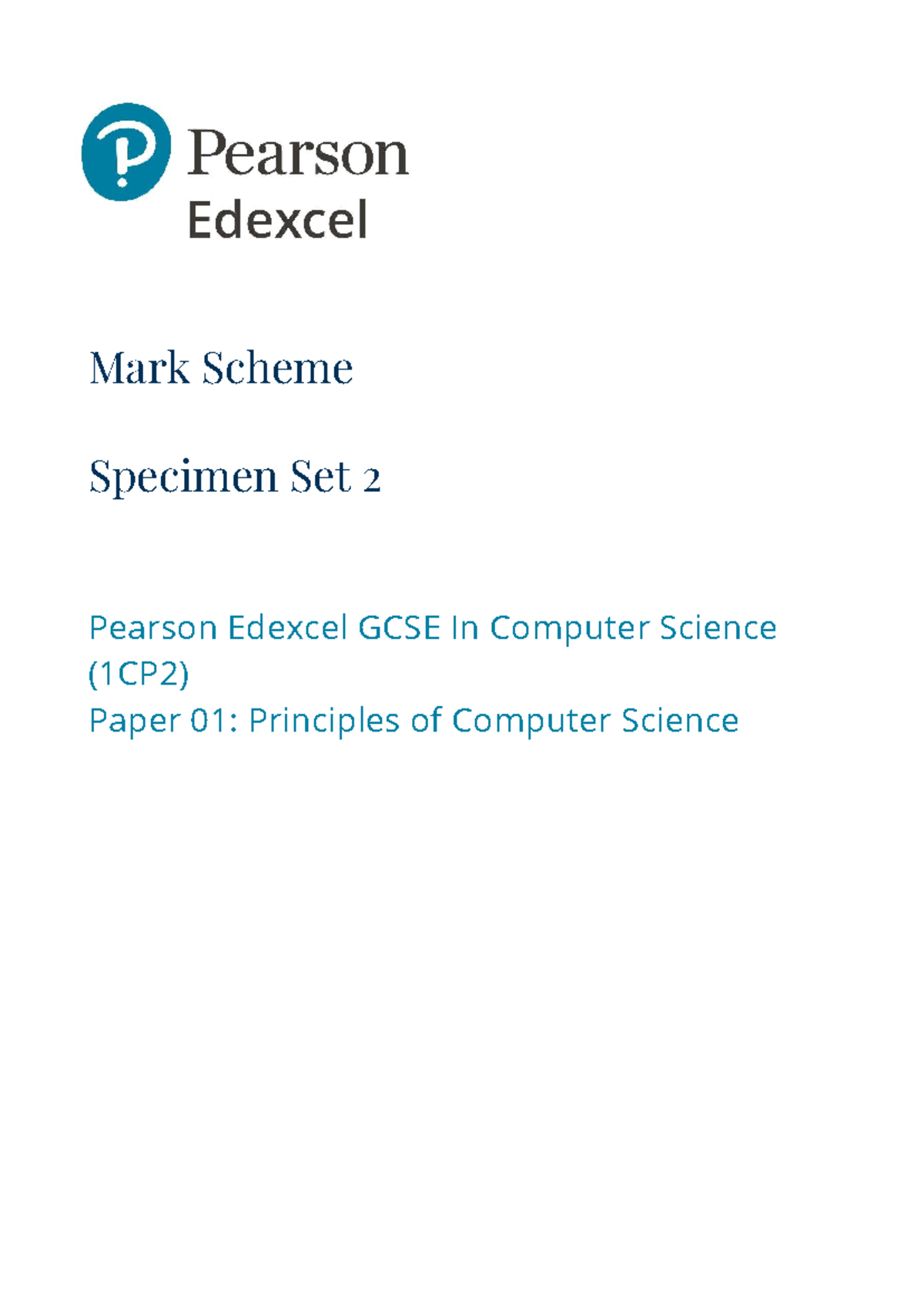 GCSE Computer Science (1CP2) Specimen Set 2 Paper 01 Mark Scheme - Studocu