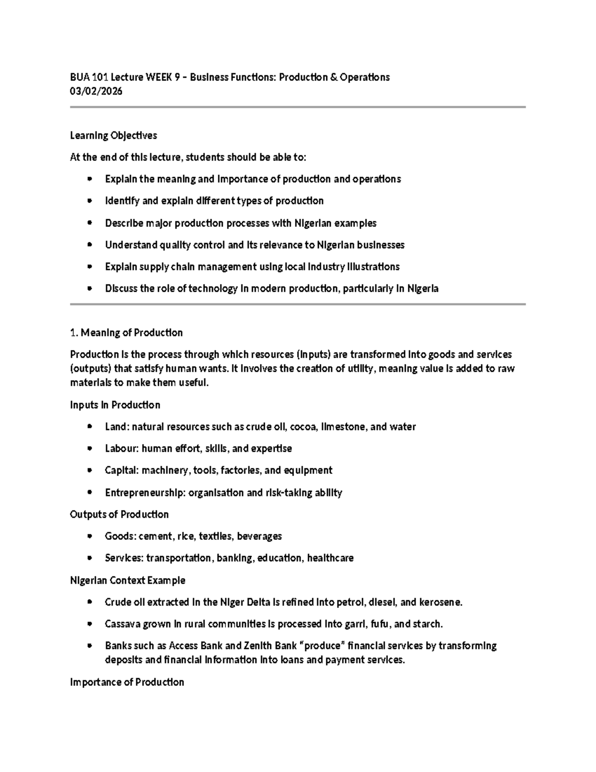 BUA 101 WEEK 9 - Lecture Notes on Production & Operations - Studocu