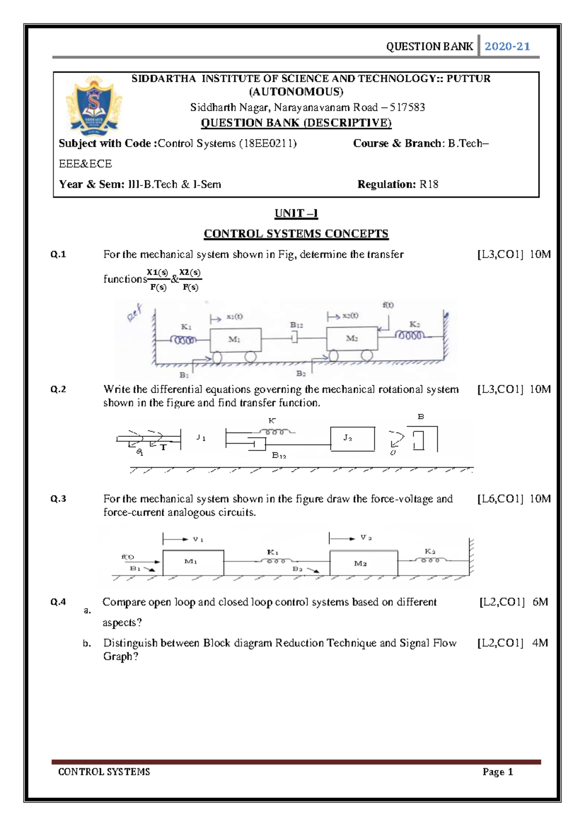 **18EE0211 - Control Systems Question Bank (Descriptive) for B.Tech EEE ...