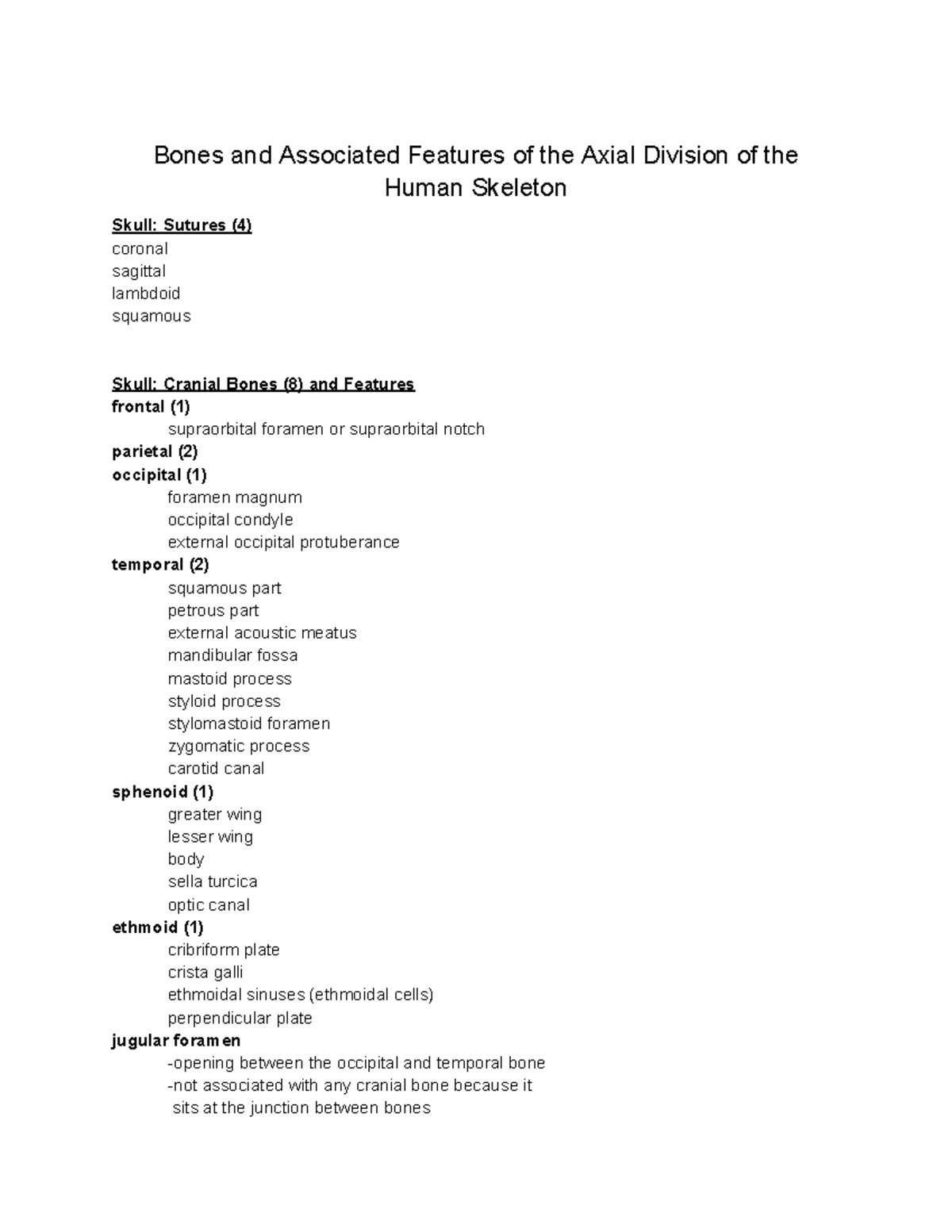 Axial Skeleton Bones Guide: Skull, Thorax, and Features - Studocu