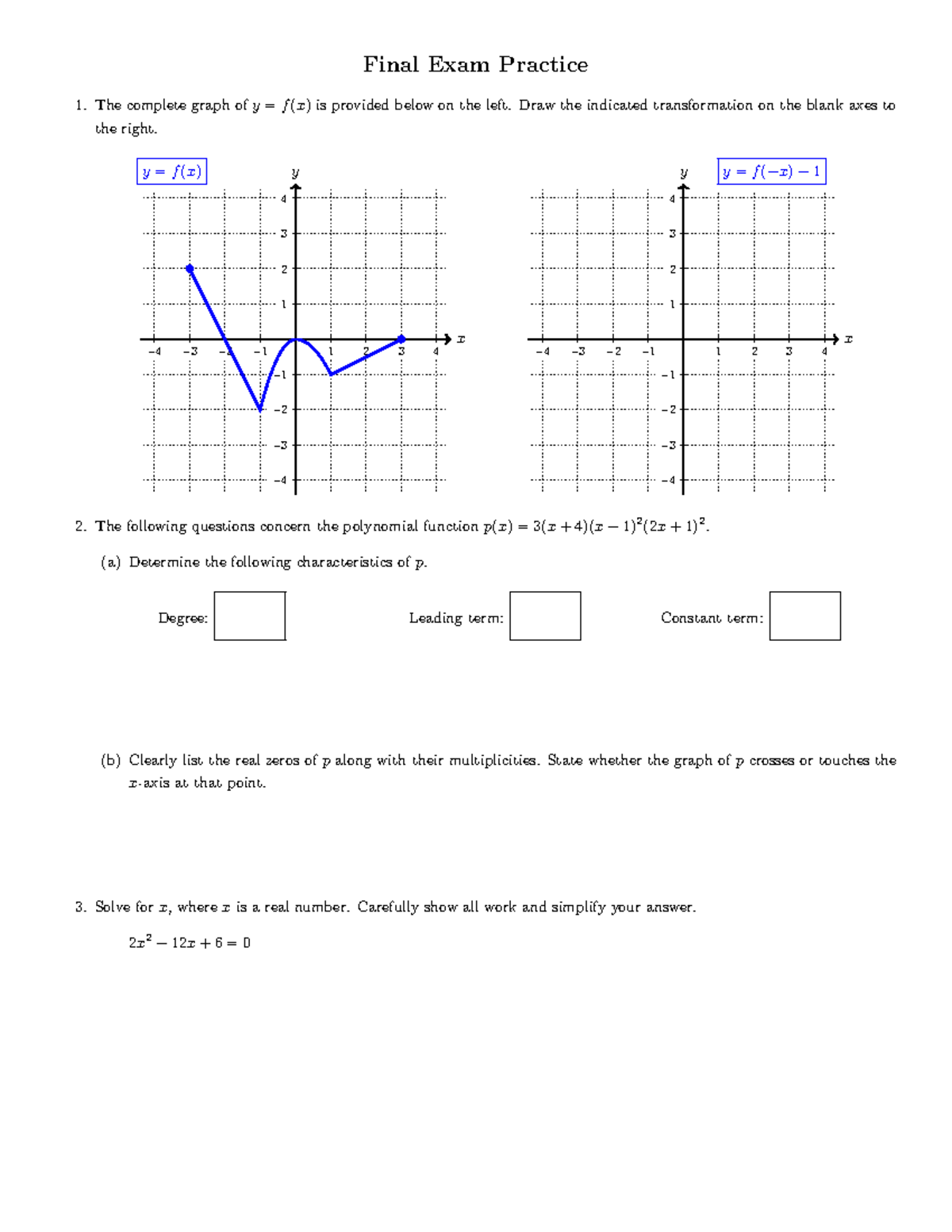 MATH 101: Final Exam Practice Questions and Graphing Exercises - Studocu