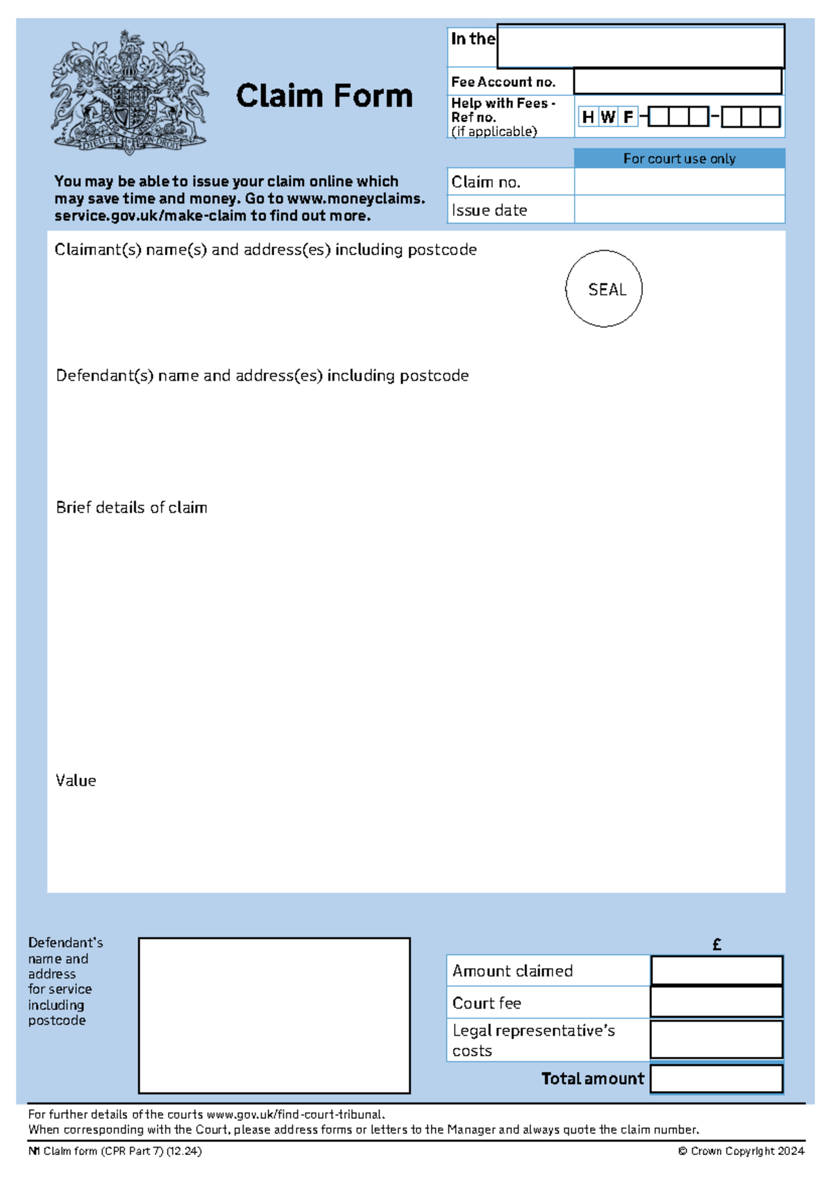 Claim Form Template for Court Use - N1 Claim Form (CPR Part 7) - Studocu