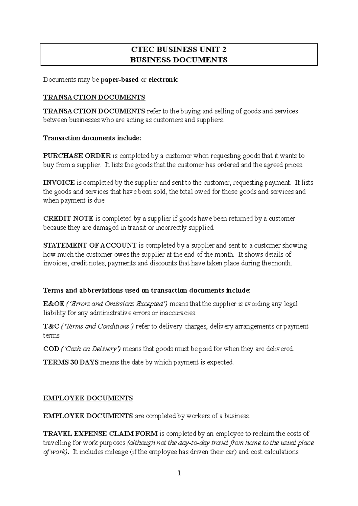 CTEC Unit 2 - Key Notes on Business Documents and Transactions - Studocu