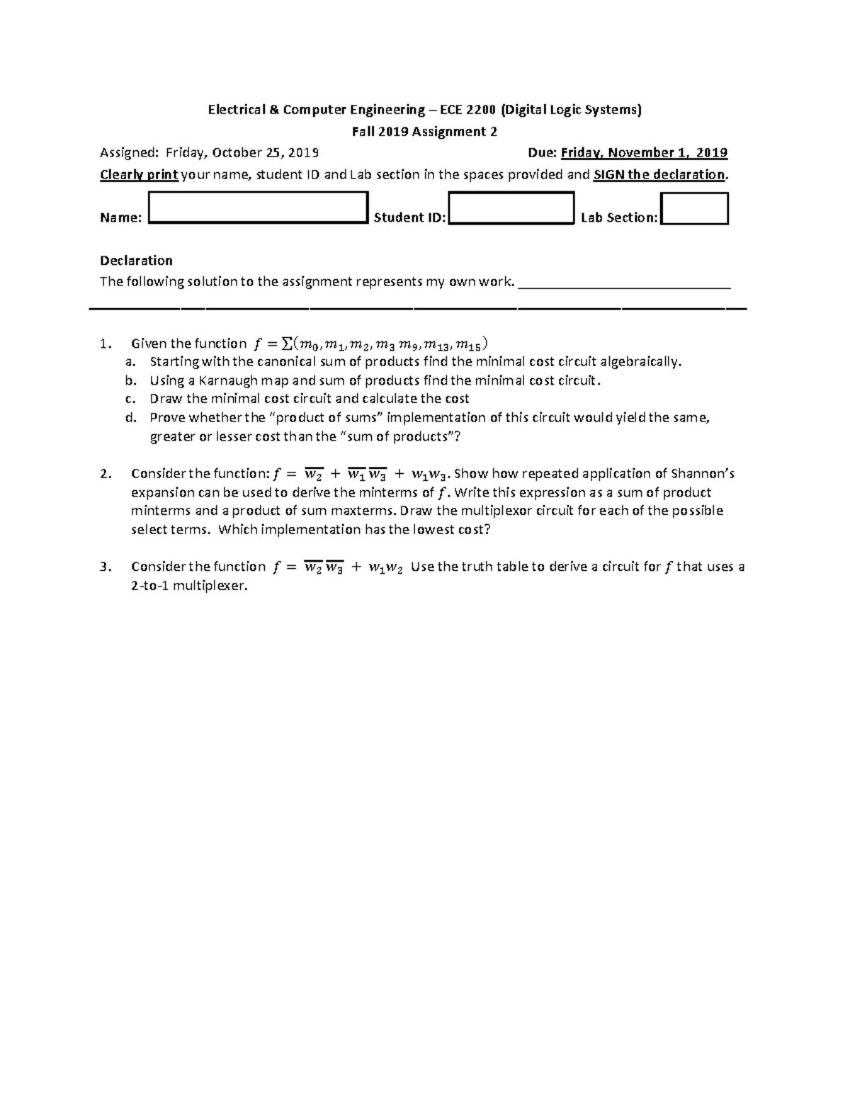 ECE 2200 Digital Logic Systems Fall 2019 Assignment 2 - Studocu