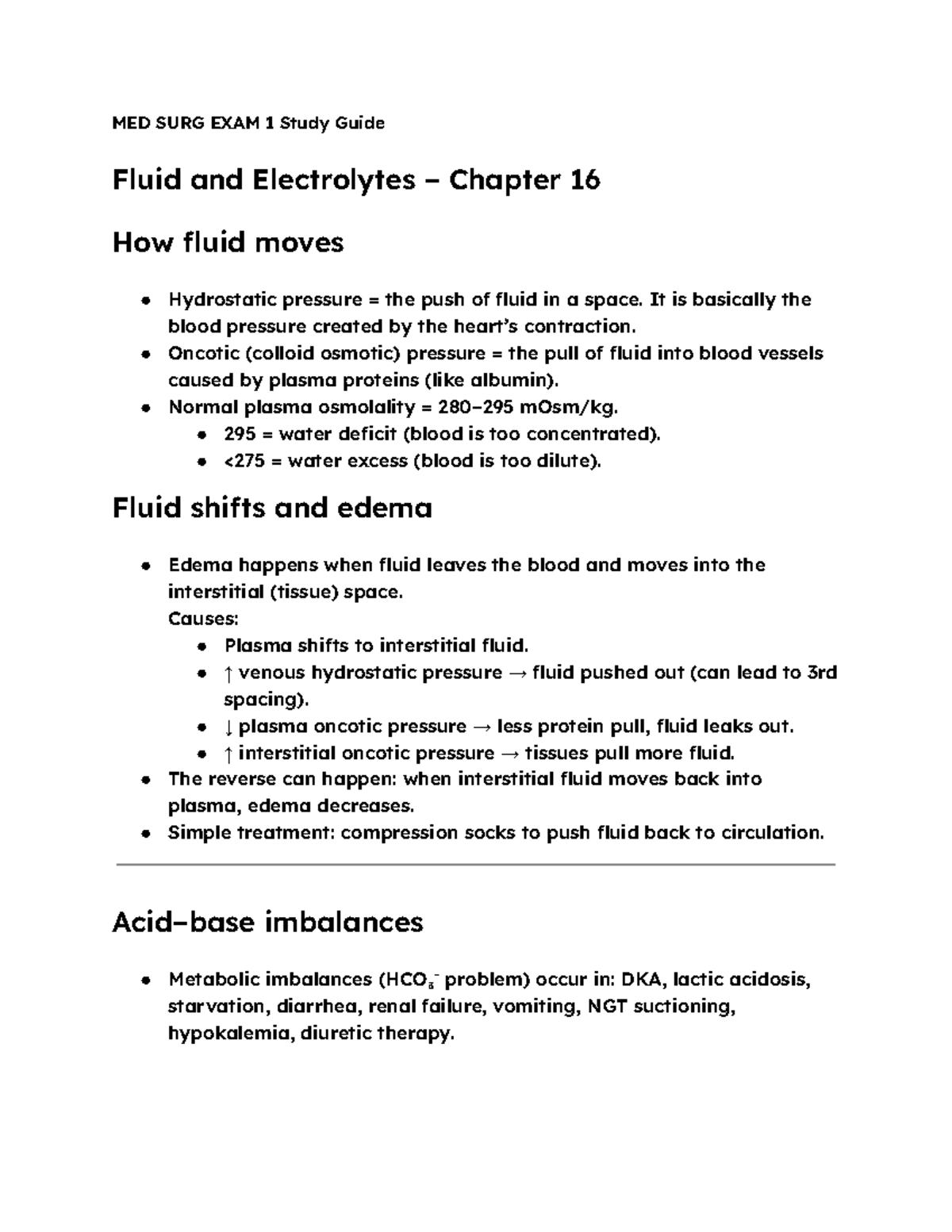 MED SURG EXAM 1 Study Guide: Fluid & Electrolyte Management - Studocu