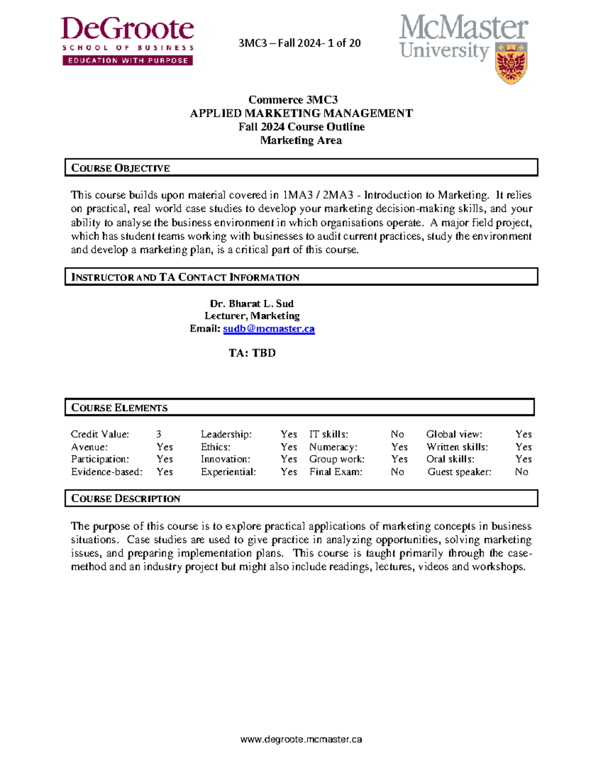 3MC3 Fall 2024 Course outline - 3MC3 – Fall 2024 - 1 of 20 degroote ...