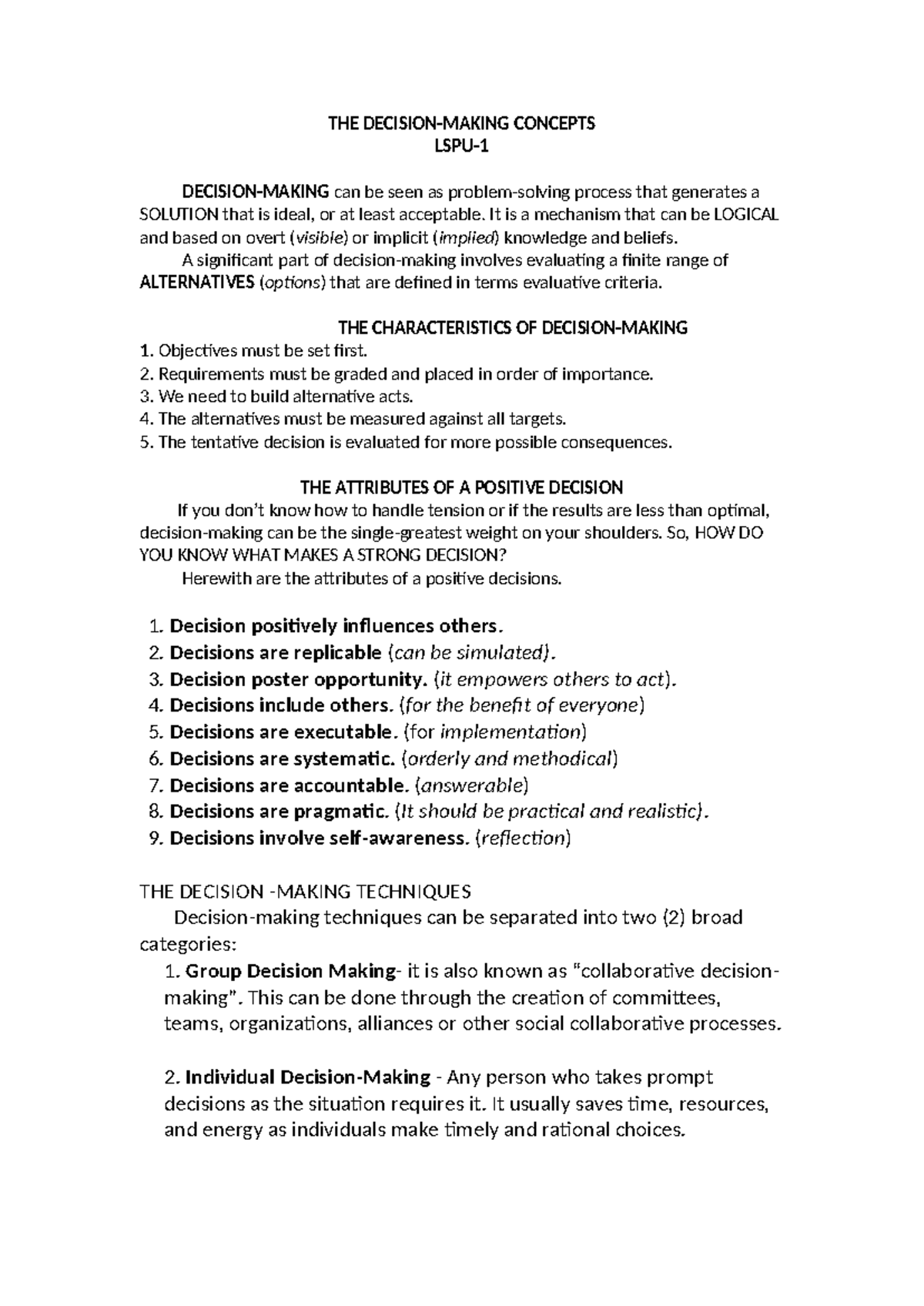 Decision Making Concepts and Techniques, LSPU 1 - Studocu