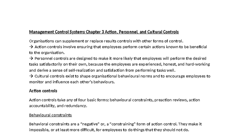 Management Control Systems (MCC 301) Chapter 3 Summary: Action ...