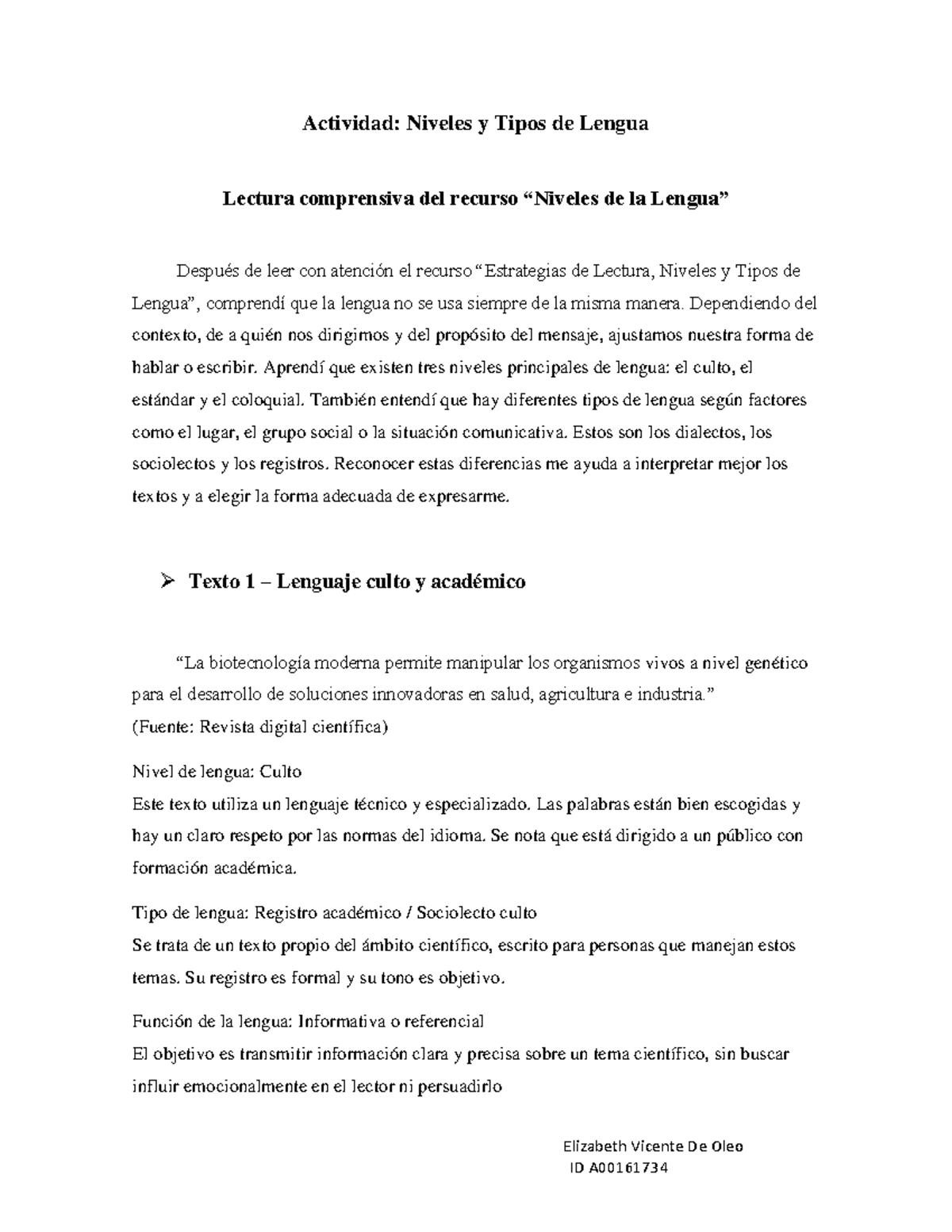 Actividad: Niveles y Tipos de Lengua - Lectura Comprensiva (ID ...