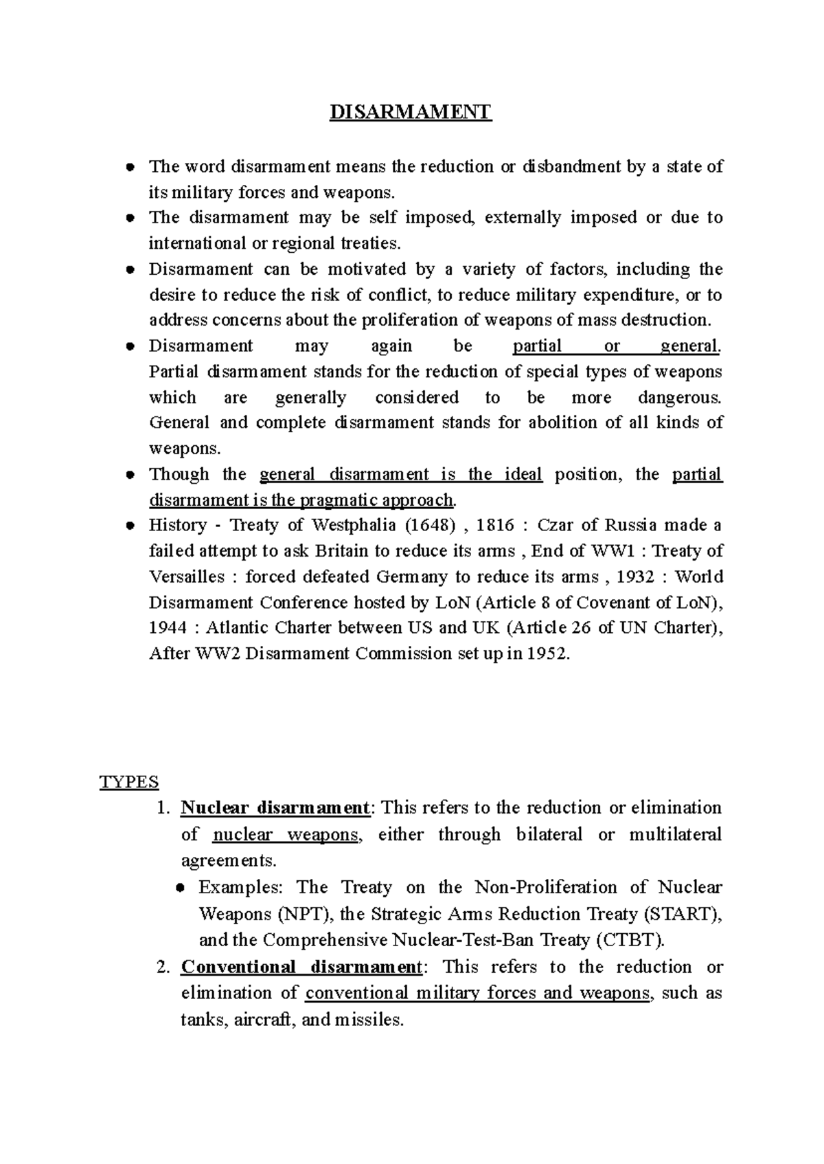 Disarmament - Important Notes on Military Reduction and Treaties - Studocu