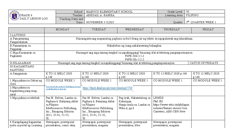 DLL Filipino 6 Q3 W1 - Daily Lesson Log for Mabuco Elementary - Studocu