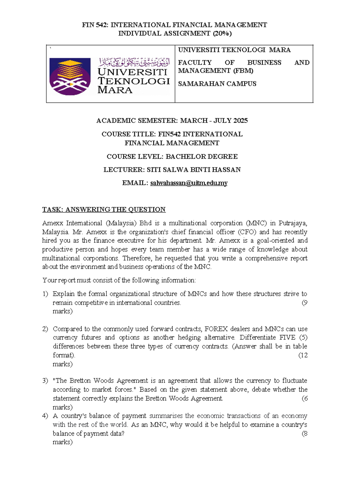 FIN 542: Individual Assignment on MNC Operations and Structures - Studocu