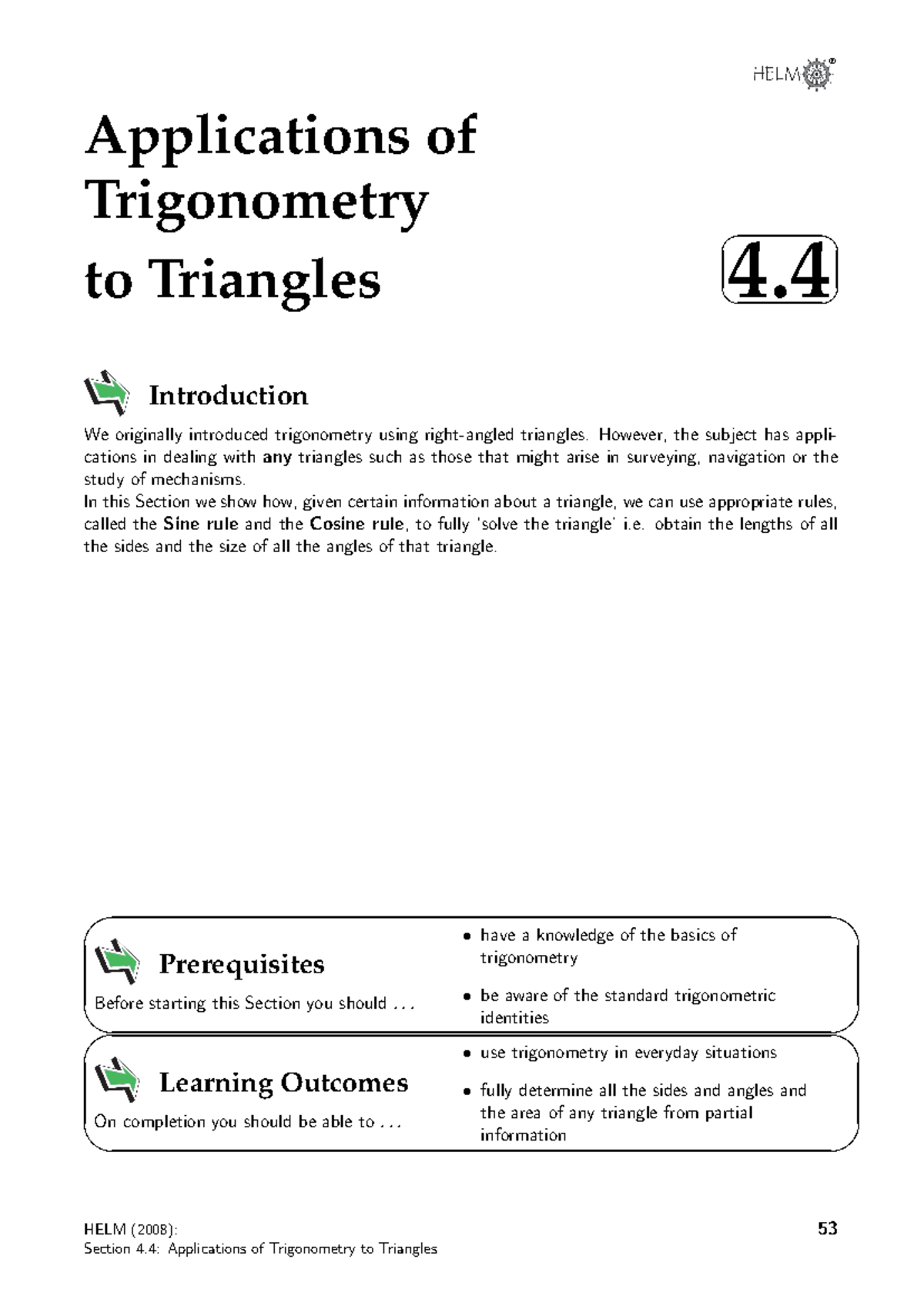 Applications of Trigonometry to Triangles: Section 4.4 Notes - Studocu