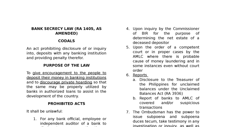 RFBT - Bank Secrecy Law (RA 1405) Overview and Key Provisions - Studocu