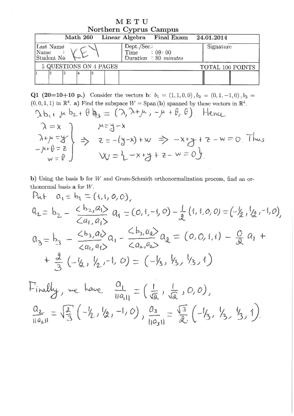Math 260 NCC Fall 2023 Final Exam - Linear Algebra Key & Solutions ...
