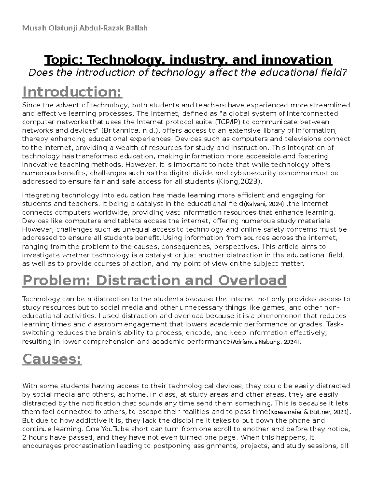 ENG 101: The Impact of Technology on Education: Catalyst or Distraction ...