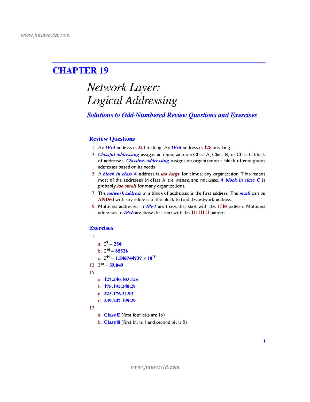 CHAPTER 19 Network Layer: Logical Addressing Solutions & Exercises ...